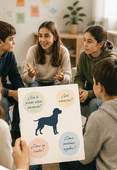Alumnado en círculo observando una lámina con la figura de un perro y las preguntas: qué le puede estar pasando, qué necesita, cómo se siente, cómo podemos ayudar